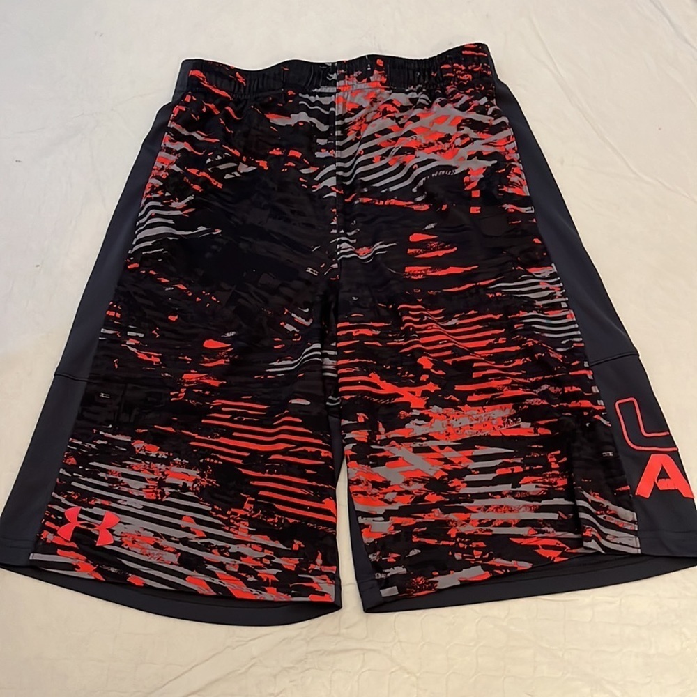 Under Armour gray black neon red orange print athletic shorts